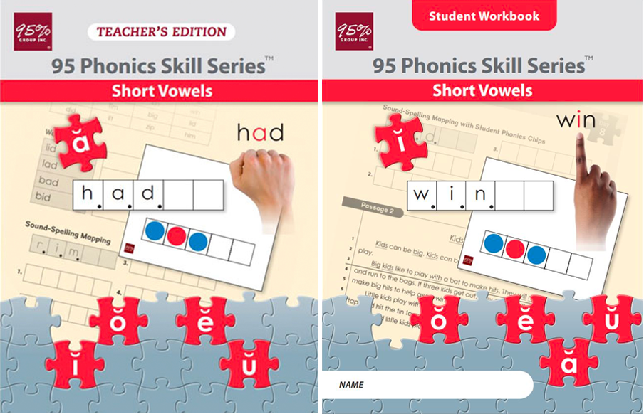 Book covers for Teachers Edition and Student Workbook for 95 Phonics Skill Series: Short Vowels.