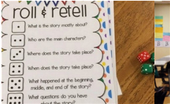 Photo of game instructions for Roll and Retell with dice.