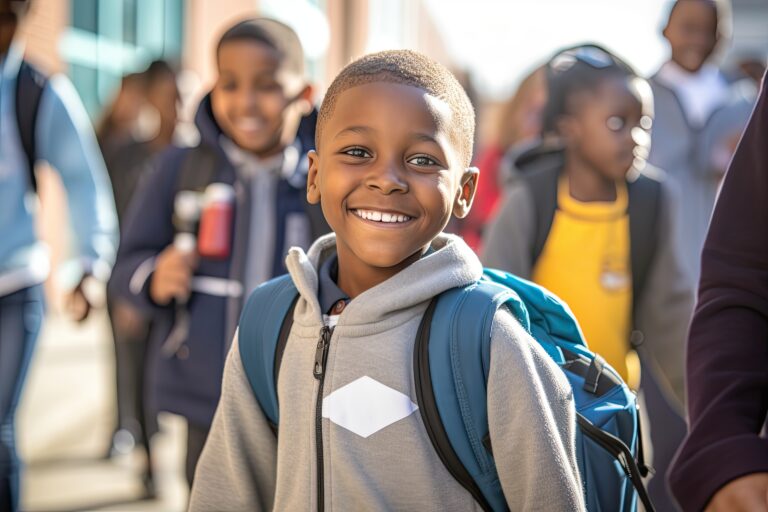 Student with backpack smiling outside school