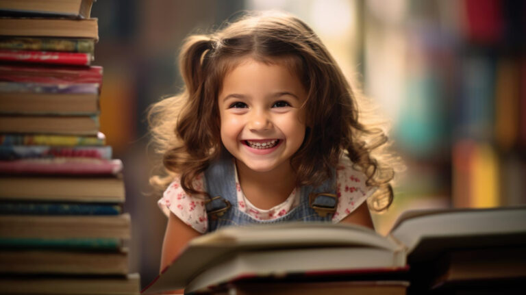 little girl surrounded by books smiling