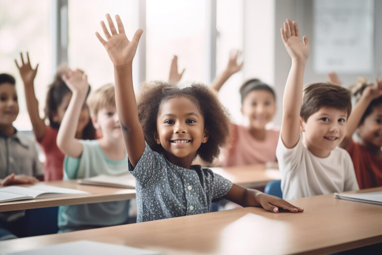 elementary school students smiling and raising hands to reading teacher in classroom