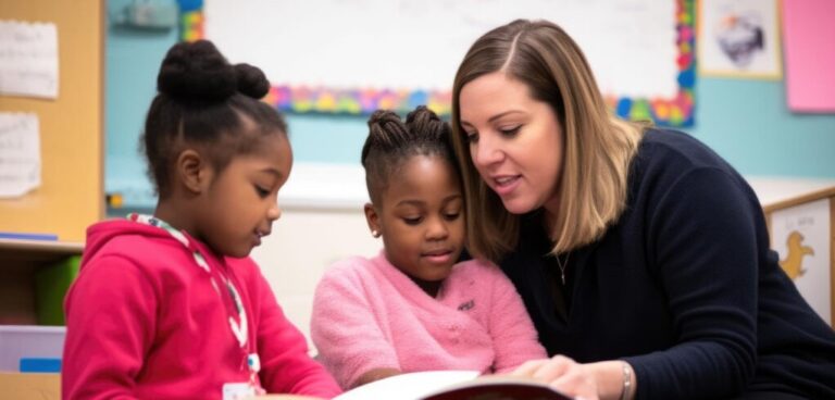 Teacher reading a book with two young students