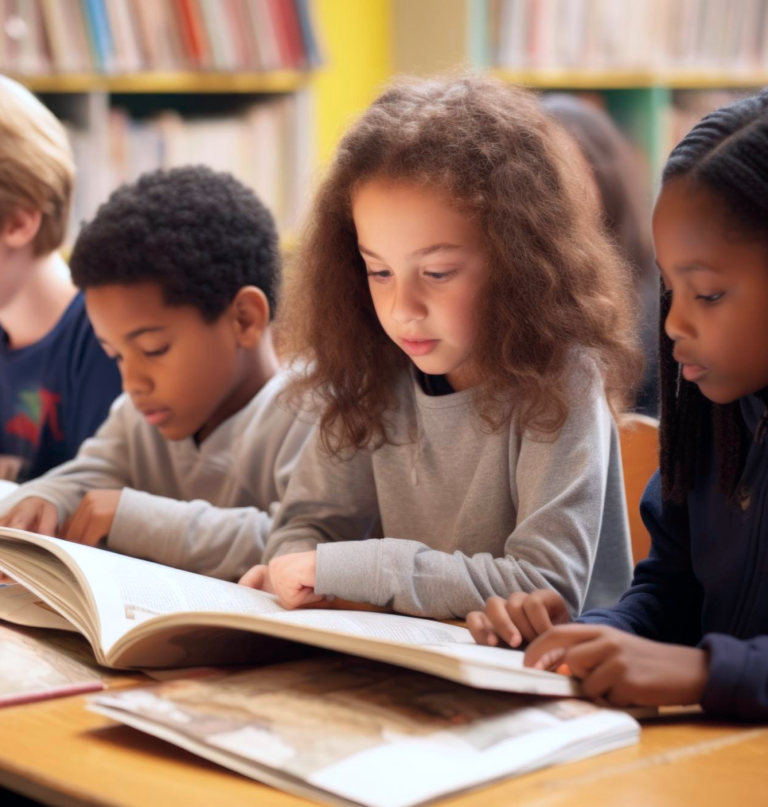 Children reading a book together in a library