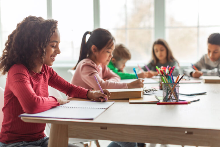 African American School Girl Writing Learning Sitting In Classroom