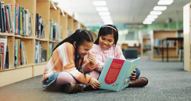Girl, together and happy with book at library for development, learning and study on floor