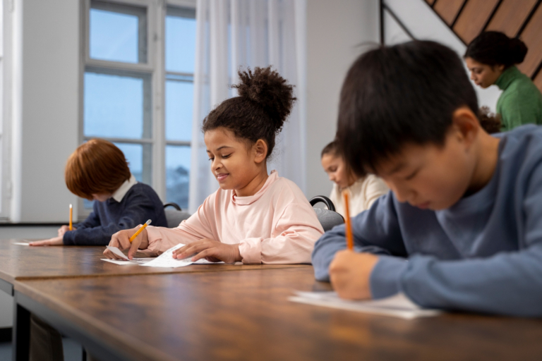 elementary students writing in class