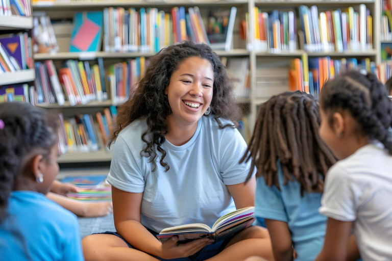 Portrait of smiling female teacher reading book to her students in library